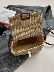 Fashionable Retro Personalized Straw Handbag, Versatile For Outings, Beach, Shoulder Crossbody Mini Square Bag - Beige - View 5