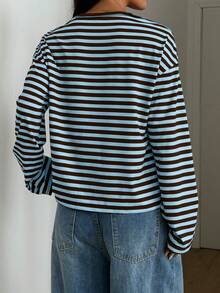 Blusa casual de mujer SDNGED, de tela acanalada con bloques de color a rayas, para uso diario en primavera/otoño - azul-marrón - Ver 9