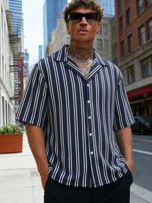 Men's Striped Textured Loose Short Sleeve Shirt, Suitable For Summer - Navy Blue - View 1
