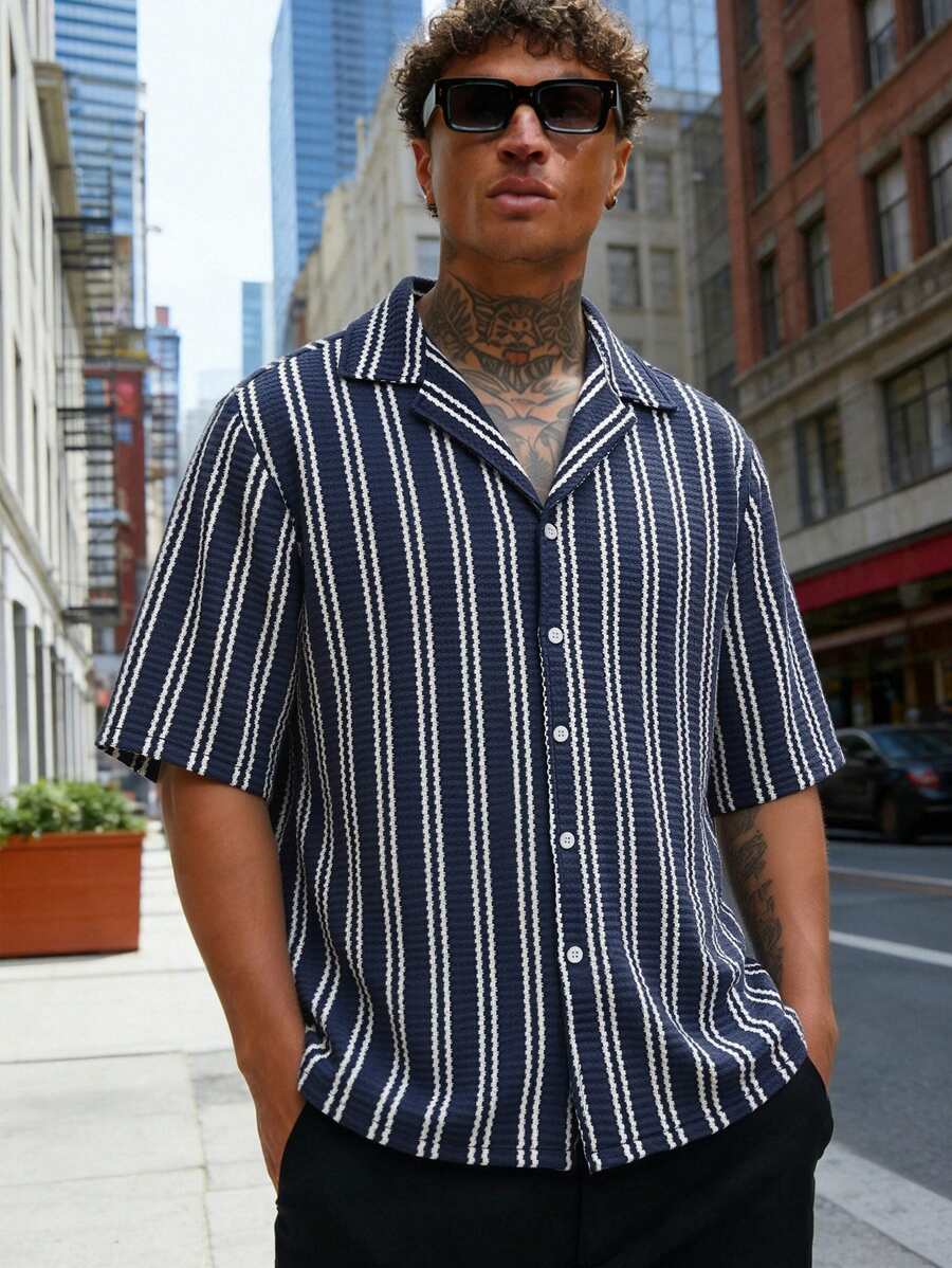 Men's Striped Textured Loose Short Sleeve Shirt, Suitable For Summer - Navy Blue - View 1