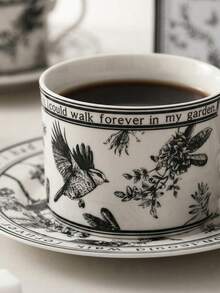 1 Set Exquisite Vintage Black & White Floral Coffee Cup & Saucer, Elegant Luxury French Style - Multicolor - View 3
