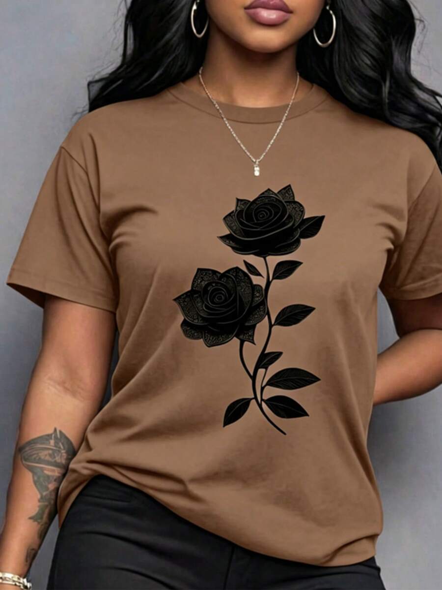 Spring Clothes Women's Clothing, Ladies Plus Size T-Shirt Black Rose Print - Casual Short Sleeve Round Neck Top, Medium Stretch Fabric, All-Season Com - 駝色 - 查看 1