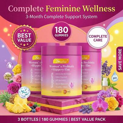 LEEFAR Women's Probiotic Gummies With Slippery Elm - Tropical Pineapple Flavor For PH Balance Digestive & Immune Health - 60 Gummies Per Pack