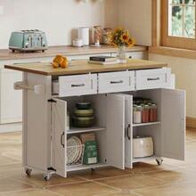 Kitchen Island With Fold-Down Worktop, Equipped With 5 Braked Wheels, 4 Doors, 3 Drawers, Double-Sided Towel Rails, Barn Style Design, White, 140x43(70)X90.5 Cm. - 白色 - 查看 12