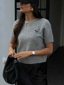 Women's Spring/Summer New Minimalist Chic Casual Street-Style Collegiate Pullover Knit Top - Dark Gray - View 3