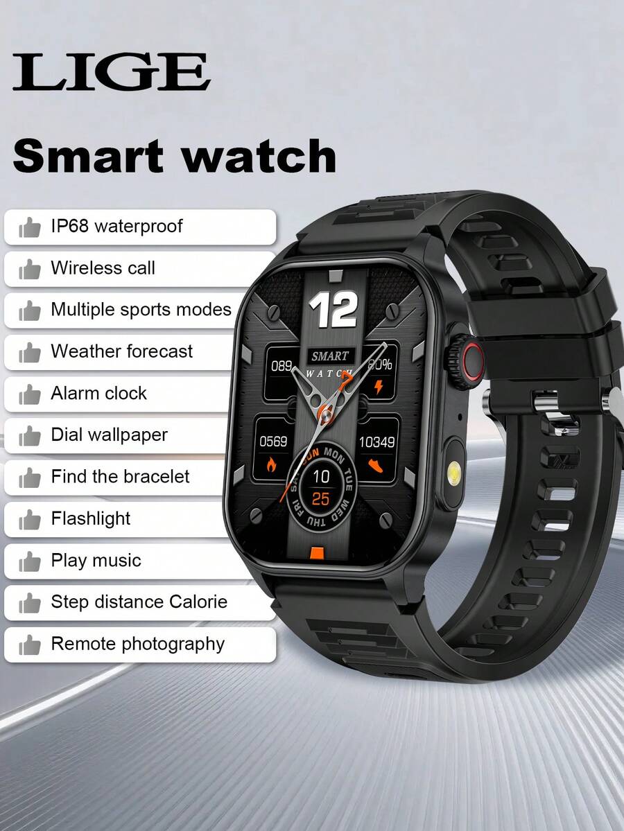 El nuevo smartwatch de LIGE cuenta con una batería de 370mAh, una pantalla HD cuadrada, resistencia al agua, pronóstico del tiempo, reproducción de música, talla grande de 100 funciones de seguimiento de fitness y notificaciones de llamadas. Un smartwatch de fitness multifuncional y elegante.