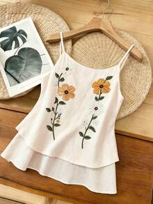 Women's Vacation Style Embroidered Printed Camisole, French Retro Fitted Double Hem Textured Fabric Spaghetti Strap Top, Summer Casual - Apricot - View 10