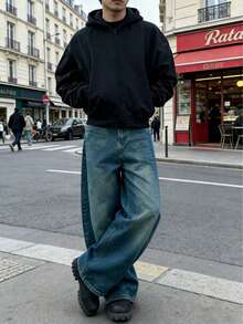 Men's Y2K Solid Color Washed Denim Straight Leg Casual Loose Wide Leg Pants - Dark Wash - View 3