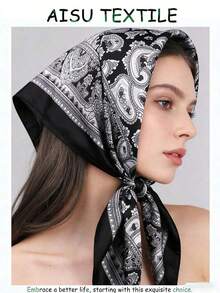 1pc 90CM Paisley Printed Ladies Bandana Simulated Silk Headband Women Bandana Top,Large Size Square Scarf,Hair Band,Head Band Ideal For Dressing Up Your Look - màu đen - Xem 2