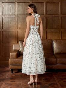 Faeriesty Fashionable Polka Dot Spaghetti Strap Backless Women's Evening Dress - Adorable Dotted Pattern, Fitted A-Line Silhouette, Suitable For Dates, Parties, Formal Dinners, Weddings And Other Special Occasions Vacation Party - Black and White - View 2