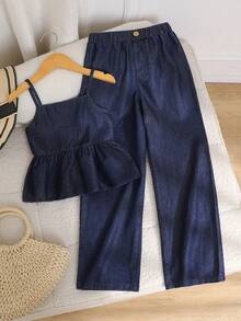 两件套少女藏蓝色牛仔套装，无袖露脐上衣和阔腿牛仔裤，夏季时尚 - 藍色 - 查看 1