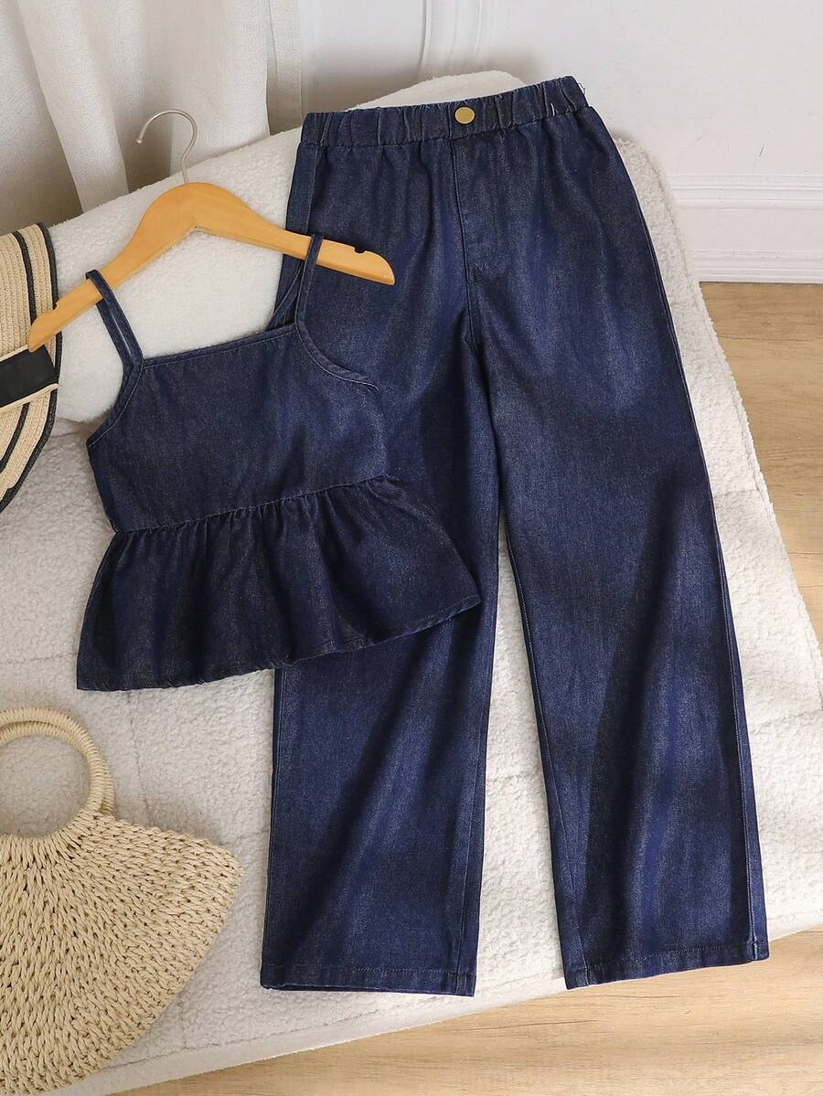 两件套少女藏蓝色牛仔套装，无袖露脐上衣和阔腿牛仔裤，夏季时尚 - 藍色 - 查看 1