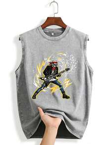 Guitar Singer Print New Men's Premium Printed 210G  Pure Cotton Washed And Aged Waistcoat Sleeveless Vest Men's T-Shirt, Summer Casual T-Shirt Casual T-Shirt - Cà phê nâu - Xem 9