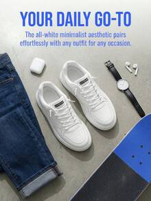 Men's White Fashion Low-Top Sneakers, Minimalist Leather Design With Contrast Stitching And Text-Imprinted EVA Platform - 白色 - 查看 8