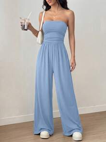 Women Summer Strapless Tube Top Ruched Wide Leg Pants Jumpsuit Casual Spring Holiday Beach Vacation Airport Sleeveless Rompers Outfits - 淺藍色 - 查看 4