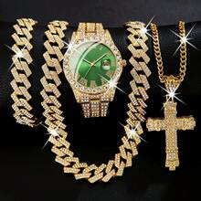 Bộ trang sức đồng hồ nam phong cách Hip Hop đính đá Xsvo | Bộ đồng hồ Hip Hop nam đính đá, mặt số xanh dương/xanh lá/đỏ, dây chuyền Cuban mạ vàng đính kim cương và vòng tay hình thánh giá 4 món. - Nhiều màu - Xem 2