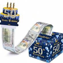 Scatola per contanti per compleanno, scatola per estrarre denaro per compleanno con buste trasparenti per biglietti di auguri e decorazioni per feste di compleanno, per donne, ragazze, uomini, ragazzi e migliori amici (blu) - 50 YEARS - Visualizzare 6