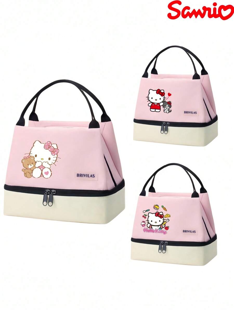 SANRIO 3-三丽鸥Hello Kitty双层保温午餐包 - Hello Kitty图案女士保温午餐包 - 防漏可水洗保温午餐包，带提手，亮丽设计 - 非常适合上学、上班或野餐。涤纶内衬，拉链封口，趣味设计，防水，大容量户外午餐盒/野餐包，女士款式，学习用品，露营必备。 - 彩色 - 查看 1