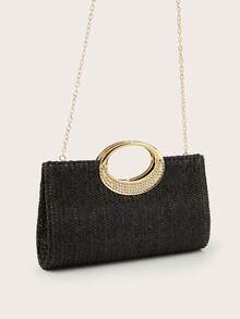 REMANLAND Fashionable Solid Color Woven Women's Bag With Metal Chain Strap, Can Be Used As Handbag, Shoulder Bag, Tote Bag, Beach Bag, Casual Woven Bag, And Cell Phone Bag, Summer Essentials, Perfect For Vacation & Holiday, Beach Purse, Perfect For Summer, Vacation & Daily Use, Travel Must Haves Valentine's Day Wedding Wedding - Black - View 3