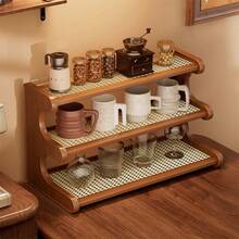 1pc Vintage-Style Multi-Tier Desktop Storage Rack, Large Capacity Cup Holder, Kitchen Spice Rack, Woven Rattan Panel, Quick Draining, Suitable For Kitchen, Dining Sideboard, Coffee Corner, Tea Station And Office Organization - Desktop Display Shelf - Rattan Style - View 2