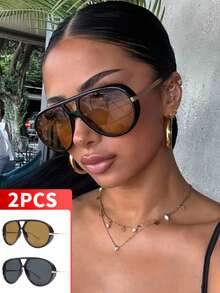 1pc/2pcs Full Frame Retro Metal Large Frame Fashion Glasses, Y2K Personalized Fashion Glasses, Suitable For Daily, Outdoor, Street, Driving, Travel, Party - 2pcs+Brown+Black - View 1