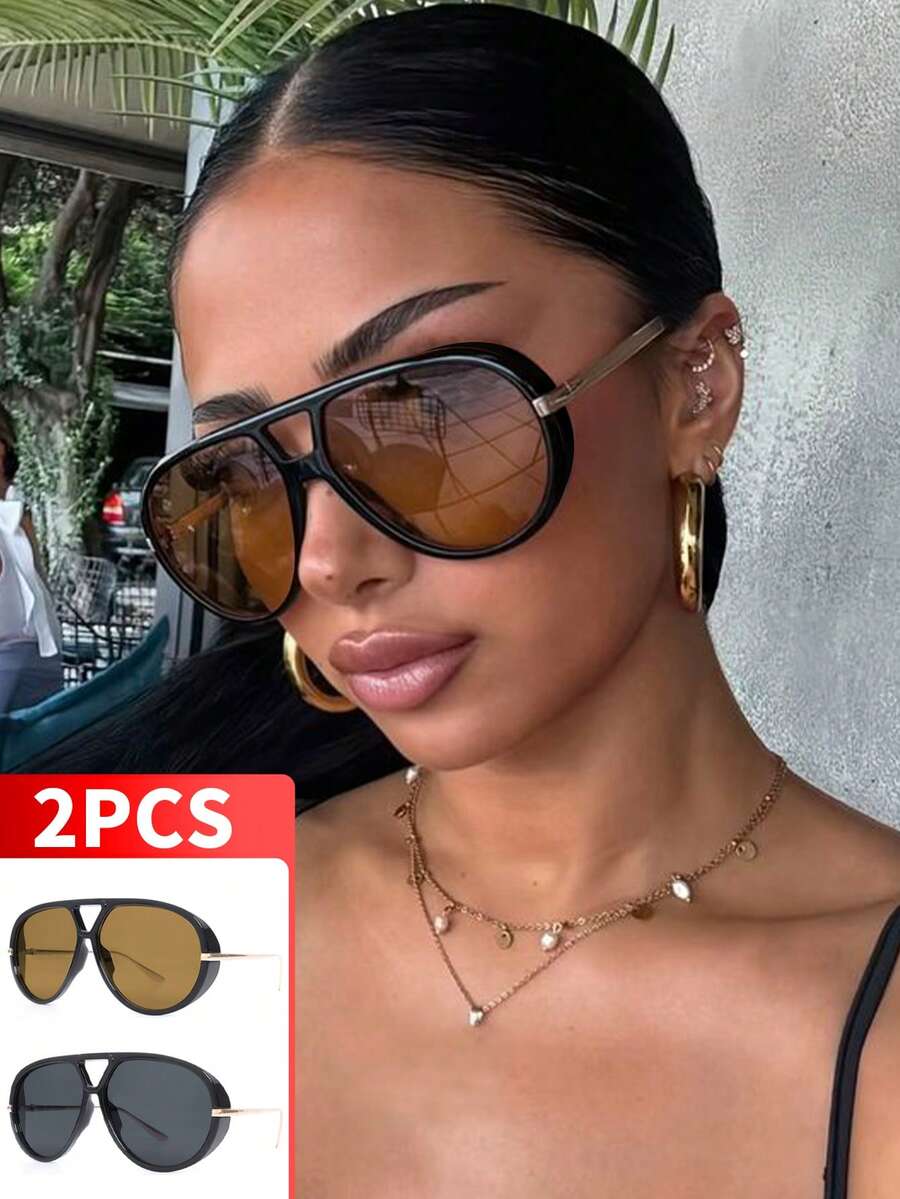 1pc/2pcs Full Frame Retro Metal Large Frame Fashion Glasses, Y2K Personalized Fashion Glasses, Suitable For Daily, Outdoor, Street, Driving, Travel, Party - 2pcs+Brown+Black - View 1