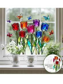 1 miếng dán cửa sổ tĩnh điện hình bướm và hoa tulip nhiều màu sắc, decal dán cửa sổ hai mặt hiệu ứng kính màu với hoa tulip, bướm và chuồn chuồn, hiệu ứng khúc xạ ánh sáng mặt trời, thích hợp trang trí cửa sổ nhà bếp, phòng ngủ, cửa hàng, trang trí bề mặt kính có thể tái sử dụng cho dịp lễ, làm quà tặng, trang trí nhà cửa. - Một kích cỡ phù hợp cho tất cả - Xem 5