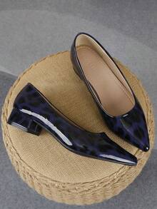 XBYASDF 2026 New Women's Blue Leopard Print Pointed Toe Chunky Heel Pumps, Glossy Low Vamp Slip-On 3cm High Heels, Versatile For Commute And Date - Dark Blue - View 3