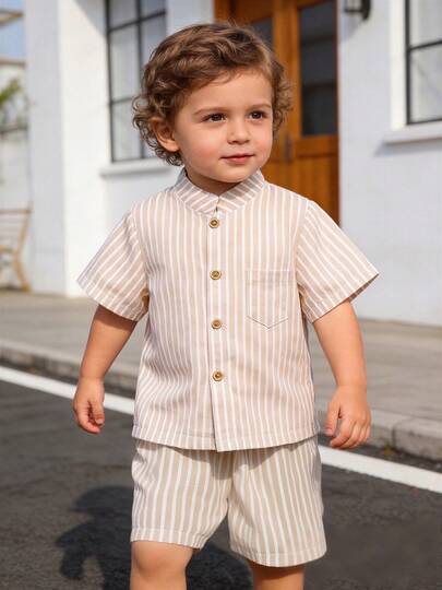 2pcs Young BoySummer Khaki Vertical Striped Collar Shirt + Cuffed Shorts Set, Minimalist Elegant Clean Look - Suitable For Casual/Outdoor