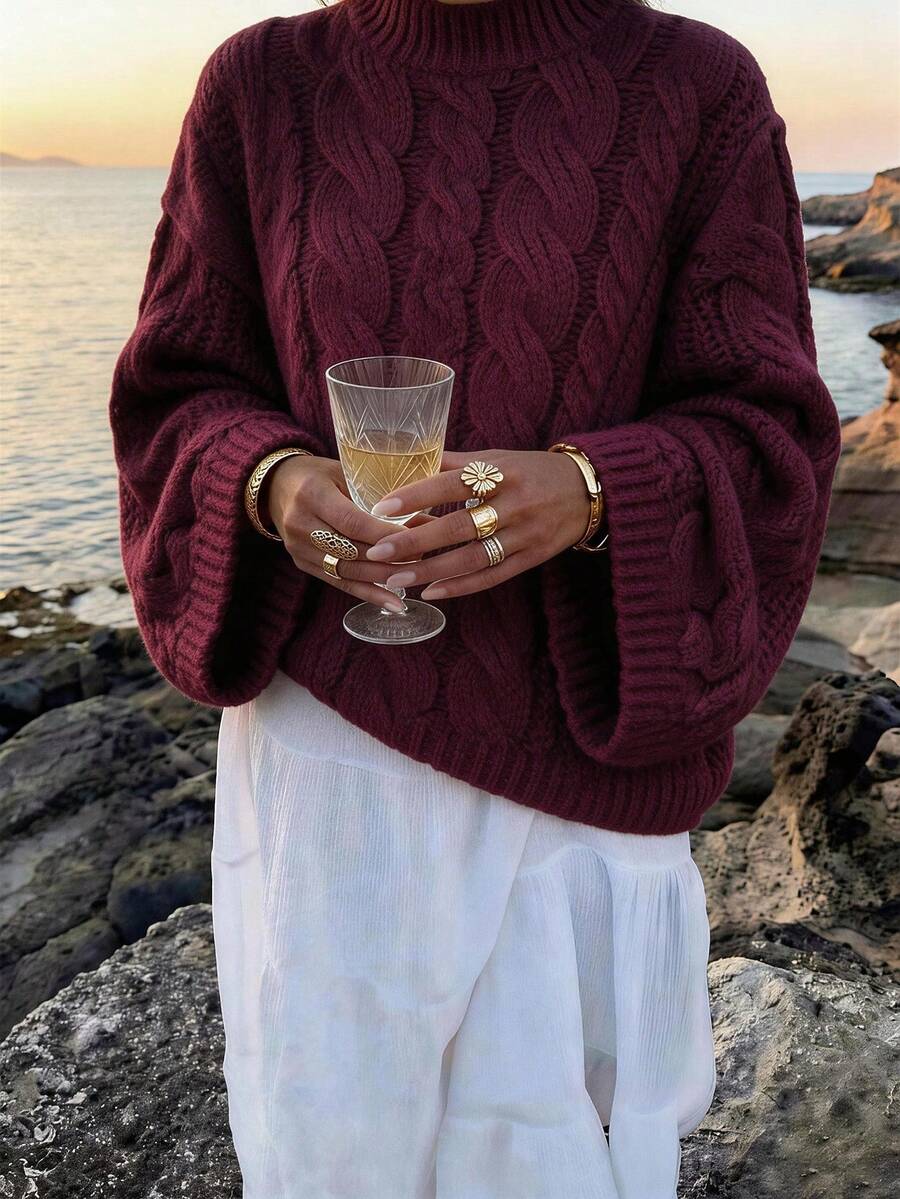 Just Masa 女士春季休闲优雅宽松针织毛衣,圆领长袖麻花针织纯色弹力时尚简约设计基础款中长套头衫,适合通勤、日常穿着、旅行、度假和约会。 - 酒紅色 - 查看 1