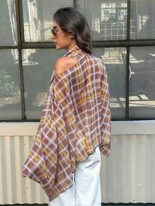 女士梭织面料长款蝙蝠袖不对称格纹短款上衣 春季 - 黃色 - 查看 6