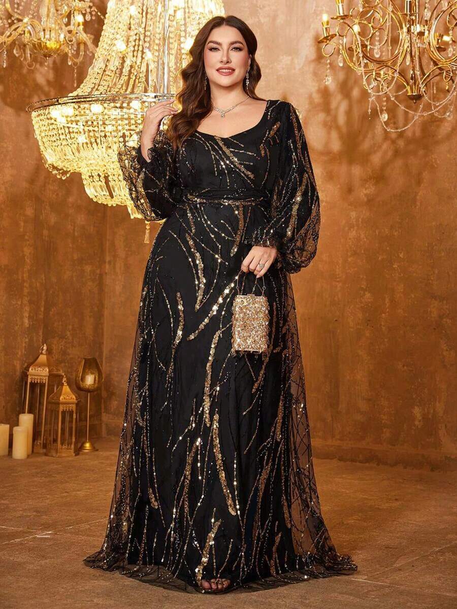 Đầm maxi cỡ lớn màu đen và vàng đính sequin, cổ vuông, tay cánh hoa, đầm dạ hội thanh lịch và tôn dáng, đầm dự tiệc sang trọng, đầm dự đám cưới và đầm du lịch. - màu đen - Xem 1