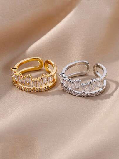 1pc Elegant Micro-Inlaid Zirconia Double-Layer Zirconia Ring, Fashionable Minimalist Open Ring, Niche Design Jewelry For Women