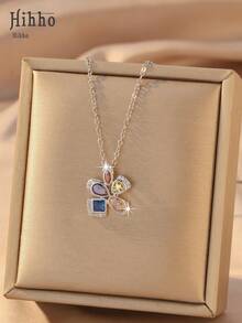 Hihho 1 pièce Collier pendentif floral rétro français coloré avec strass, accessoire de mode pour femme, essentiel pour le travail et la tenue quotidienne - collier - Voir 3