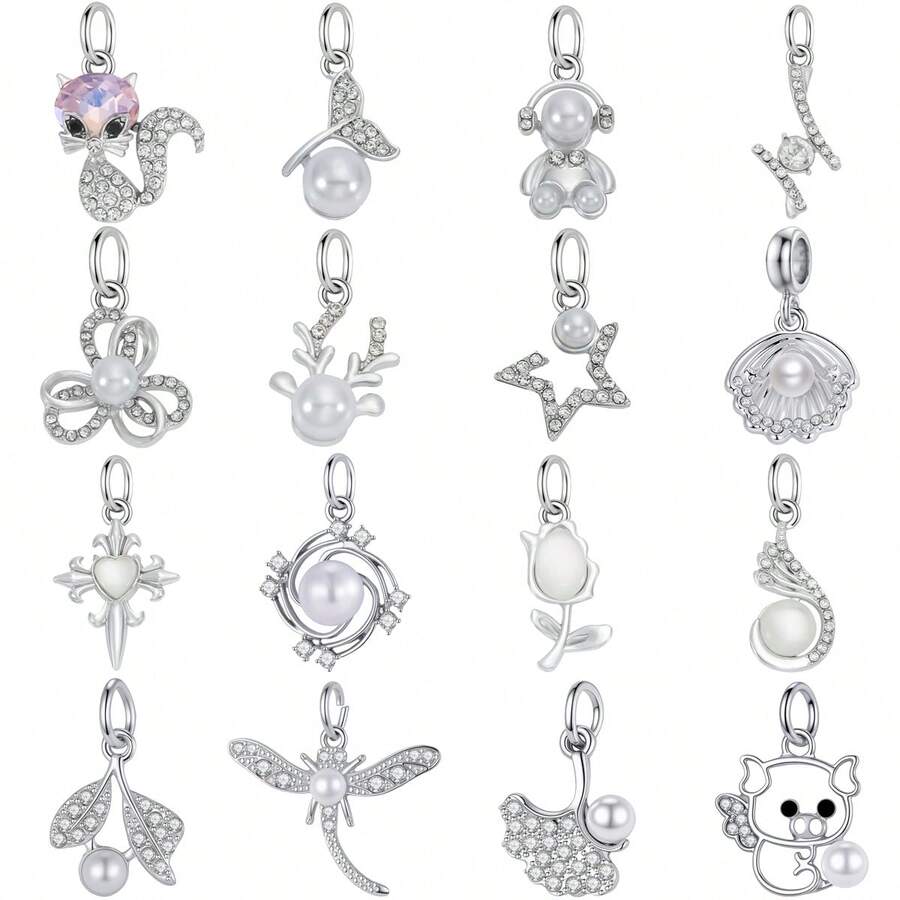 1pc Kawaii Animal & Flower Pearl Dangle Charms, Silver Plated Rhinestone Pendants For DIY Handmade Bracelet Necklace Jewelry Making - Silver - View 1