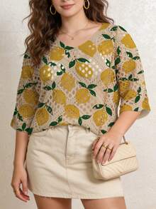 ASHKATIA Cubrecuerpo de punto para mujer talla grande, cubrecuerpo de playa de verano, estampado retro de limón, estilo bohemio, cuello en V manga 3/4 para vacaciones de primavera - Multicolor - Ver 11