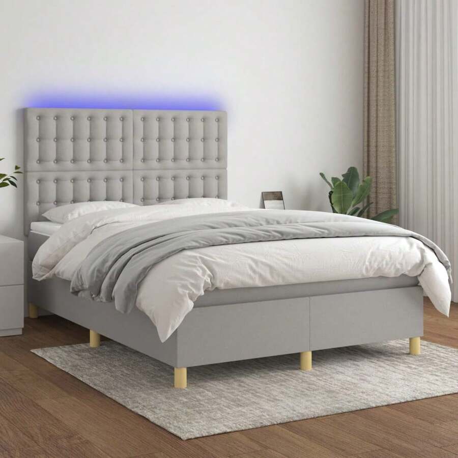vidaXL Boxspringbett Mit Matratze & LED Hellgrau 140x200 Cm Stoff - Grau - Übersicht 1