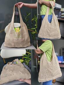 1 pieza Bolso de mano de ganchillo con contraste de color en forma de corazón, bolso de playa de gran capacidad y moda, versátil para ir y venir, regalo del Día de la Madre, adecuado para viajes a la playa en primavera, verano, otoño e invierno. Disponible en beige, albaricoque, azul, verde, caqui y otros colores, hecho de fibra de poliéster, adecuado para atuendos casuales, de playa y de trabajo, estilo bohemio, textura tejida, bolso de mano espacioso, esencial para vacaciones, también adecuado para oficina y vuelta al colegio, elemento de ganchillo, ambiente de vacaciones. - Multicolor - Ver 4