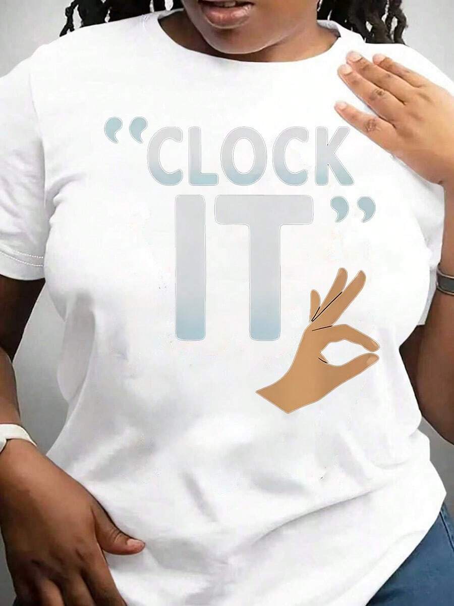 Women's "Clock It" Graphic Print OK Hand Gesture Relaxed Fit Crew Neck T Shirt, Breathable Comfortable Anti Pilling, No Fade After Multiple Washes, Suitable For Daily Wear Sports Leisure Activities, Perfect Gift For Father's Day Mother's Day - 黑色 - 查看 1