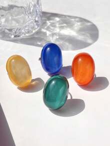 4pcs Colorful Glitter Resin Oval Rings Set, Exaggerated Dopamine Design Jewelry For Women, Suitable For Daily Wear, Festivals And Party Gifts - Multicolor - View 5