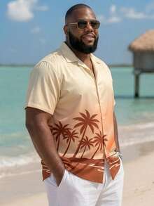 Plus Size Men's Short Sleeve Hawaiian Shirt With Coconut Tree, Beach Sunset Print, Loose Casual Beach Resort Vacation Collared Top, Summer - Apricot - View 3