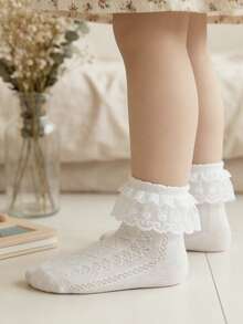6 Pairs Children Cotton Lace Trim Princess Double Layer Floral Dance Ankle Socks - White - View 3
