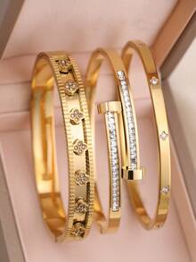 3pcs/Set Fashionable Clover Stainless Steel Bracelet For Women, Suitable For Wedding, Anniversary, Party Gift, Stacking - Yellow Gold - View 12