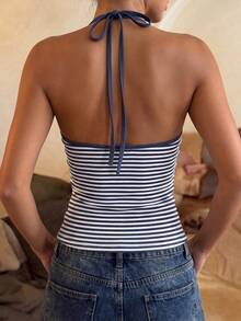 Women Spaghetti Strap Striped Fitted Camisole - Royal Blue - View 2