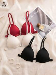 3 PiecesMulti-Color Women Bra Set, Front Closure, Wire-Free, Fixed Pads, Detachable Straps, Halter & Crisscross Back Design, Suitable For A-C Cups - Multicolor - View 8