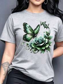 Spring Tops Fashion Letter Print Women's Round Neck Pure Cotton T-Shirt Simple Design, Comfortable And Breathable, Suitable For Daily Casual Wear, Ver - 灰色 - 查看 8