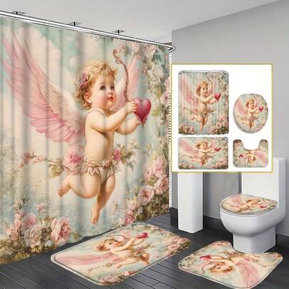 1/4pcs Angel Hearty Bathroom Set, Featuring A Bath Mat, U-Shaped Cushion, And Toilet Lid Cover – Featuring Angel And Little Angel Heart Motifs, With 12 Hooks, Soft And Watercolor-Inspired Decorations. Suitable For Bathrooms, Practical Home Decor, Easy To Clean And Maintain, Suitable For All Seasons.