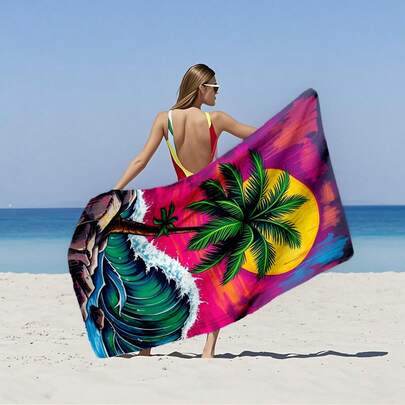 1pc Tropical Palm Tree & Wave Pattern Beach Towel, Extra Large Quick Dry Microfiber Bath Towel, Absorbent Non-Stick Sand Soft Swimming Pool Towel, Lightweight Oversized Beach Blanket Suitable For Summer Vacation, Swimming Pool, Camping, Travel, Fitness, Yoga, Outdoor Activities