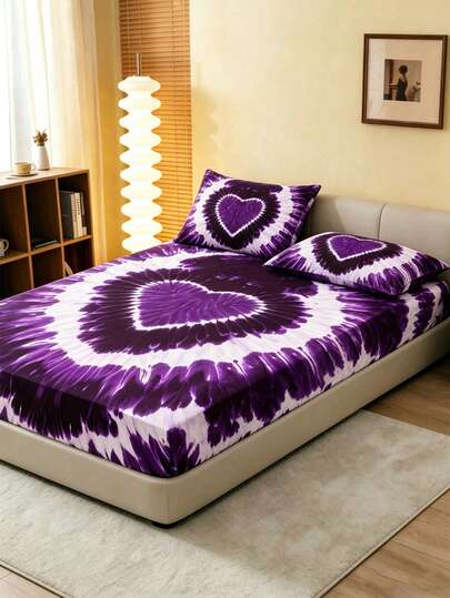 1PC Boho Purple Heart Tie Dye Bedding Set Print Bedding Bed Sheets Soft & Comfortable Fitted Sheet,Mattress Protector, Skin-Friendly Fitted Sheet, Suitable For Twin/Full/Queen/King Size Bed, Machine Washable, Ideal For F Bedroom Decor