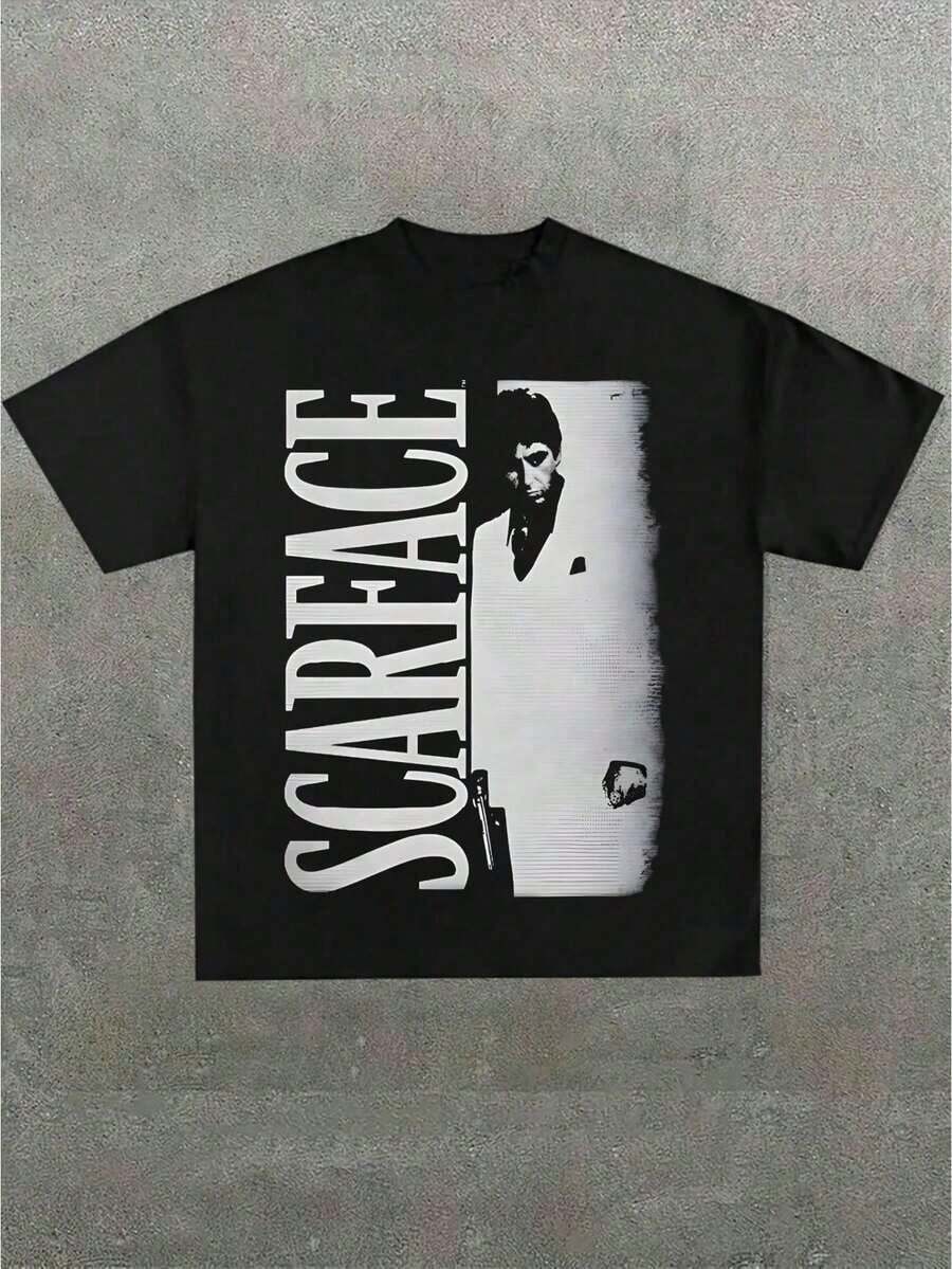 T-Shirt With Casual Print, 100% Cotton, Round Neck, Short Sleeve, 220g Cotton, For Going Out, Gift, Summer, Unisex, Scar Face Tony Lots O Light (1 Piece). - 黑色 - 查看 1